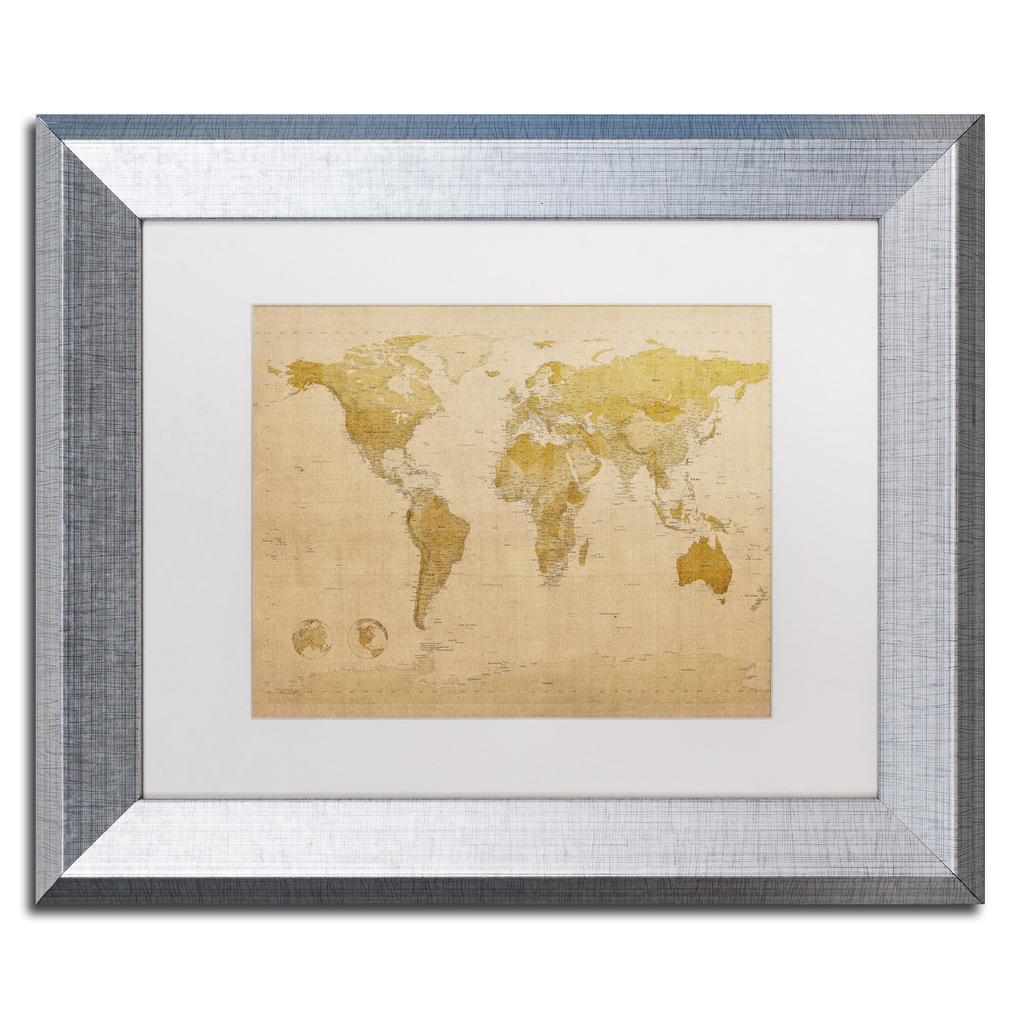 Trademark Fine Art "Antique World Map" Canvas Art by Michael Tompsett White Matte, Silver Frame