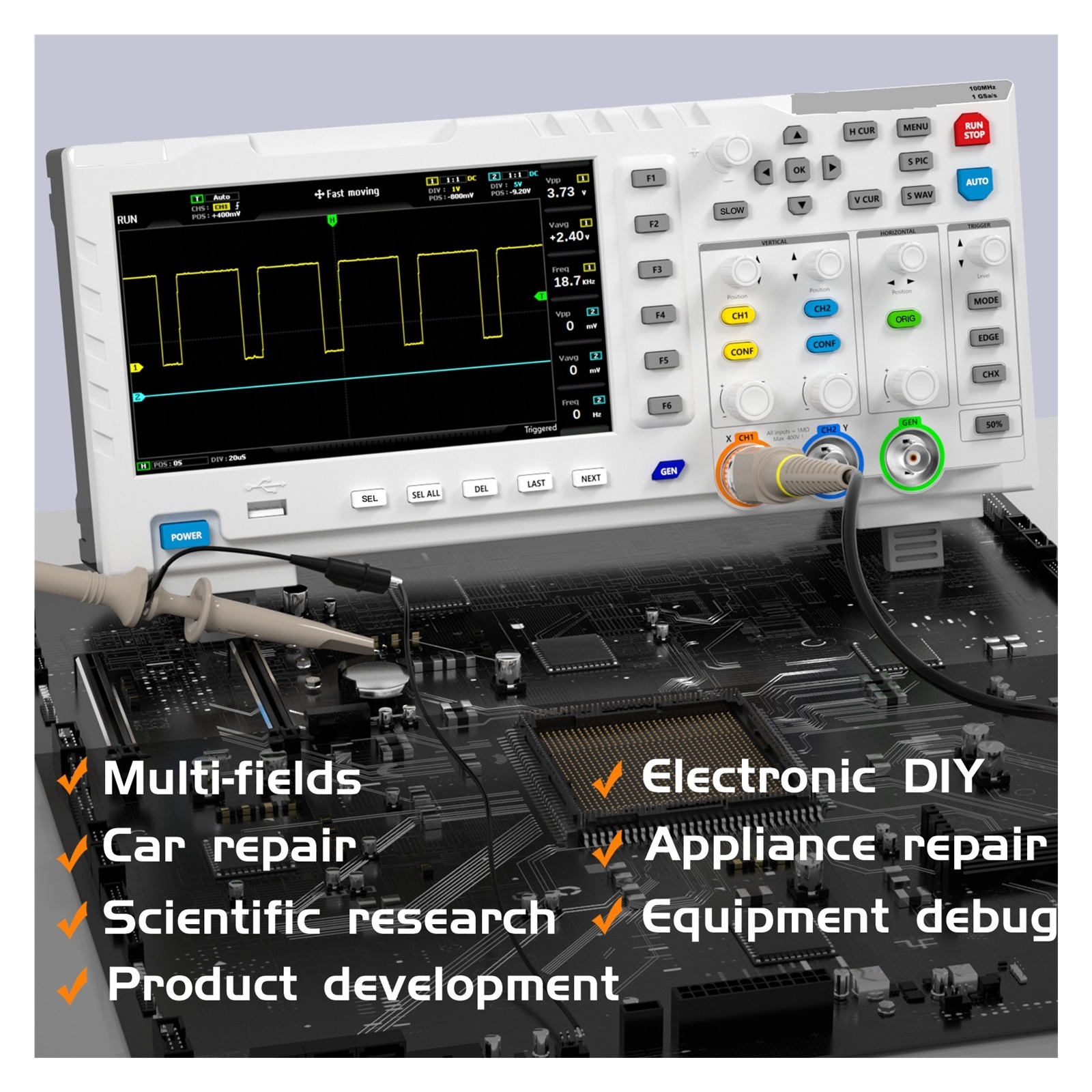 Digital Oscilloscope 100MHz * 2 Analog Bandwidth 1GSa/s Sampling Rate 2 Channels 7'' Benchtop Oscilloscope ,Professional Designed