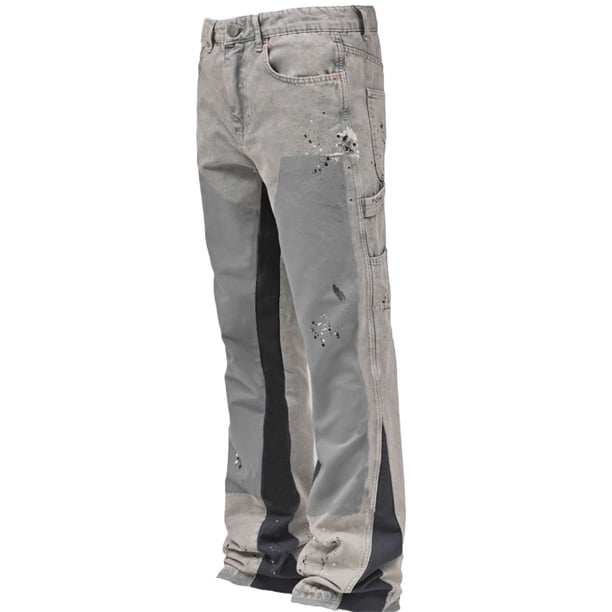 Pantalones de trabajo de mezclilla elástica for hombre | Patchwork multitela | Silueta acampanada | Estilo envejecido en capas vintage.