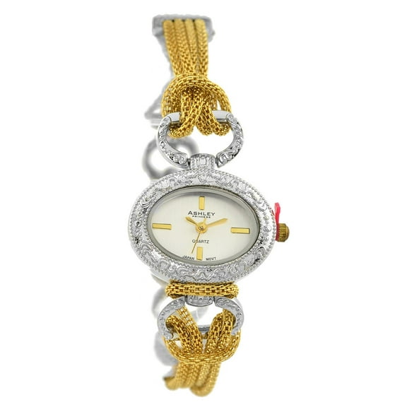 Ladies Gold Silver Tone Designer Clubbing Watch 28mm 13mm thick. Silver-tone case and dial. 12mm wide Silver-tone metal link and gold-tone braid bracelet fits 735 wrists