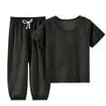 thumbnail image 2 of SGFCWSX Girls Summer Outfits Kids Ribbed Knit Short Sleeve Long Pants 2 Piece Soft Casual Playwear Sets Black Size 1-2 Years, 2 of 6