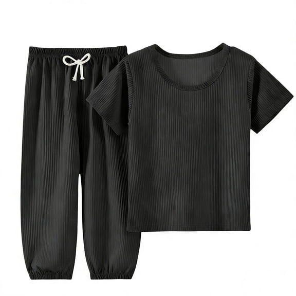 Diufon Kids Boys Girls Short Sleeve Pajamas Set Lightweight Breathable Sleepwear Elastic Pants Solid Color Loungewear