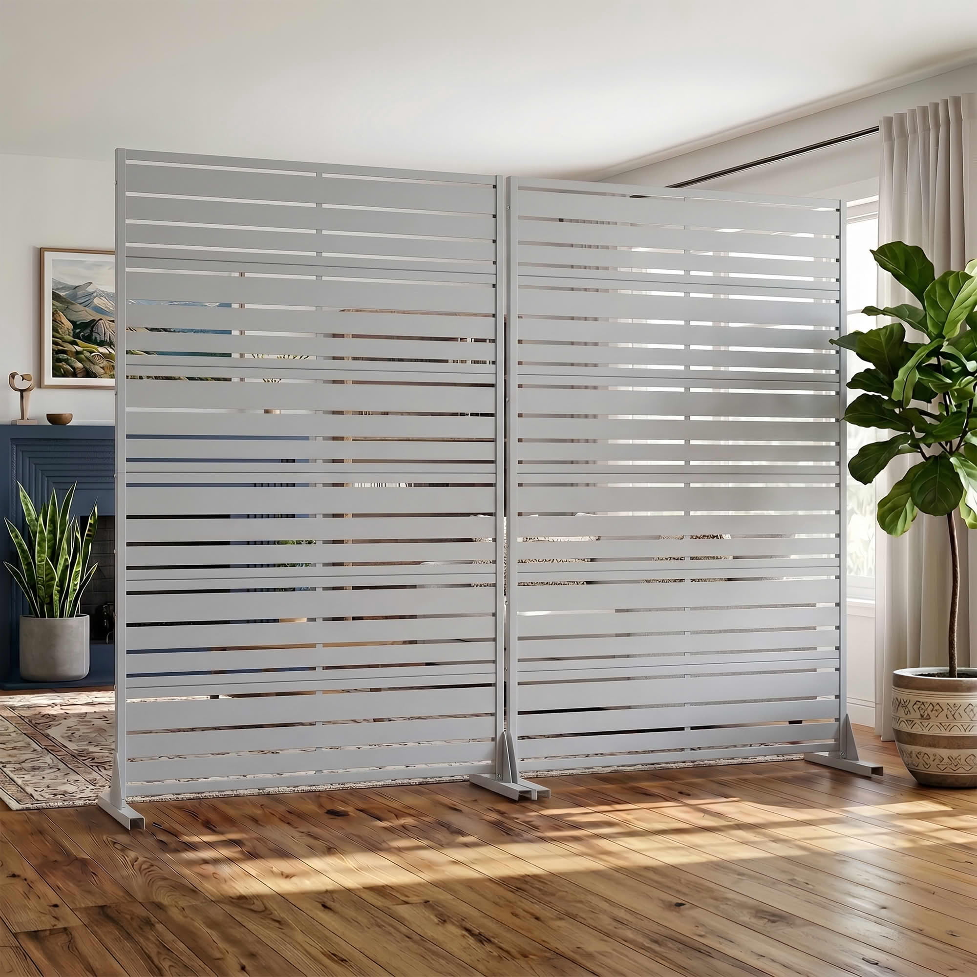 MAYEERTY 2-Piece 72"x47" Privacy Screen, Gray 6-Panel Galvanized Steel Louvered Fence, Wide-1 Narrow-2, Freestanding for Patio Backyard
