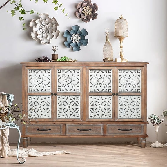 Gzxs Rustic Accent Cabinet with 4 Carved Doors and 3 Storage Drawers, 59 Inch Farmhouse Sideboard Buffet with Adjustable Shelves, for Dining Room, Kitchen, Entryway (Natural Wood Color)
