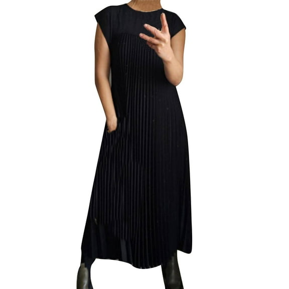 Nxznwn Womens Dress Summer Cap Short Sleeve Maxi Dress 2024 Pleated Casual Loose Long Dresses with Pockets