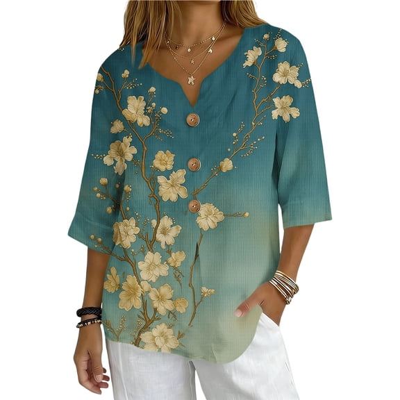Ounisa Womens 3/4 Sleeve Blouses V Neck Cotton Linen Print Button Detail Casual Fashion Spring Summer Daily Wear Shirts S-2XL