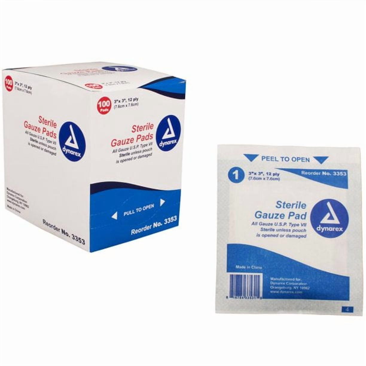4 Pack Dynarex Sterile Gauze Pads 3"X3" 12-Ply Single #3353 100 Bandages Ea