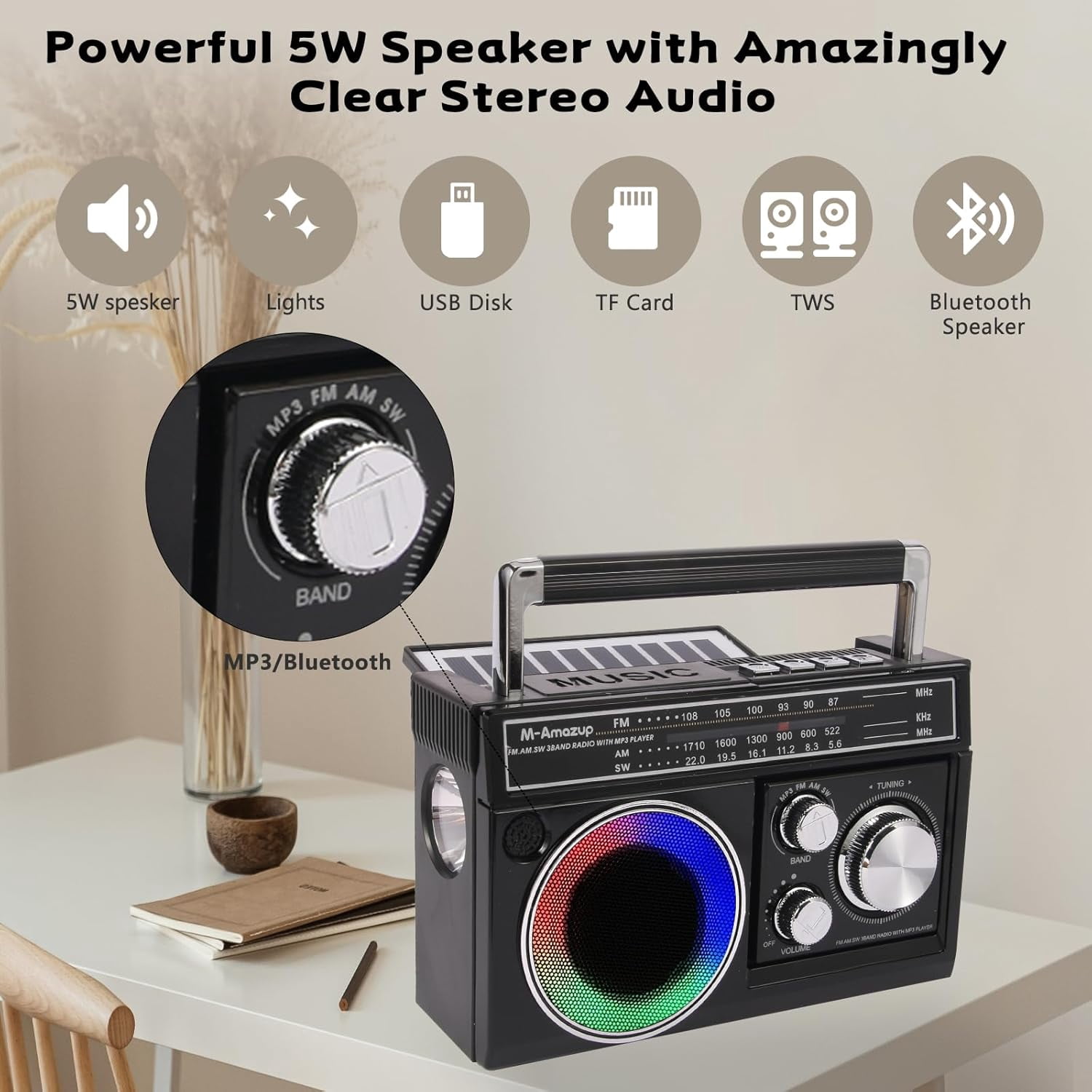 AM FM SW Radio Portable with Bluetooth Speaker, Illumination, USB TF Card Playing, Solar/USB-C Rechargeable Radios, Colorful Light, Transistor Radios Portable Emergency, Bluetooth Radio