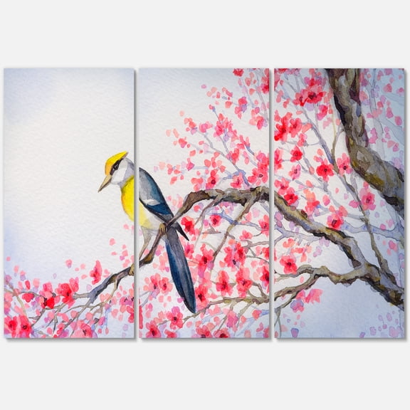Designart ' Beautiful Red Bird Sitting On Flowering Branch II ' Traditional Canvas Wall Art Print