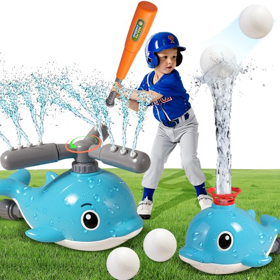 2 in 1 Water Sprinkler Baseball Toy Set for Kids Whale Shaped Outdoor T-Ball Game & Spinning Splash Toy, Summer Backyard Water Play for Toddlers and Children Ages 3+