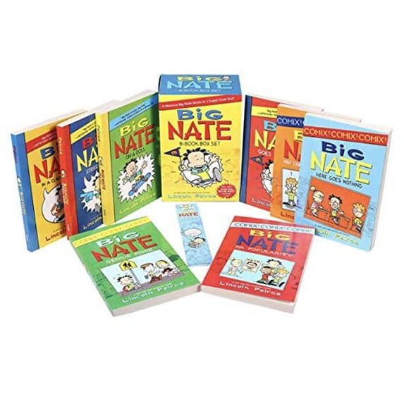 Pre-Owned Big Nate Lincoln Peirce Series 8 Books Box Gift Set Includes Mr Popularity,Genius Mode, Here Goes Nothing,What Could Possibly go Wrong, Goes for Broke,On a Roll, Strikes Again,In Paperback