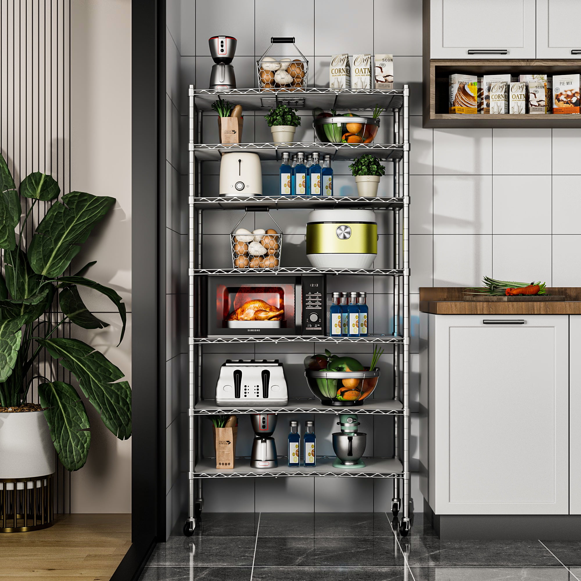 Pouseayar Adjustable Wire Shelving Unit with Wheels, 7 Tier Metal