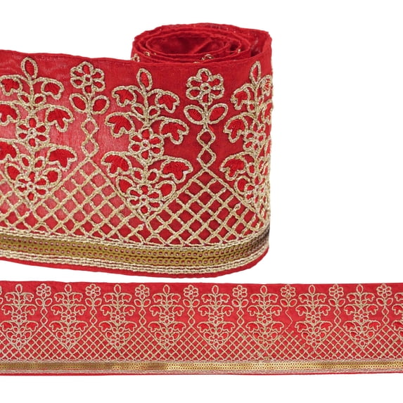 IBA Indianbeautifulart Golden Dori & Sequins With Red Thread Dupion Trimming for Sewing DIY Craft by 3 Yard Border Lace Tape Trim, 1 Inch Wide