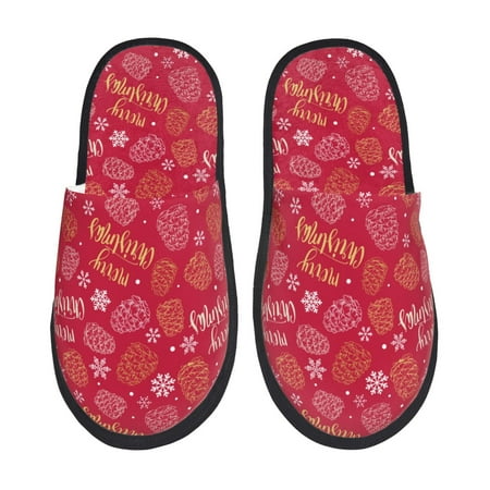 Balery Gold Pinecone Merry Christmas A Slient Indoor Furry Fleece Comfort House Shoes Soft Non-Slip Home Shoes Cotton slippers House Slippers-- Large
