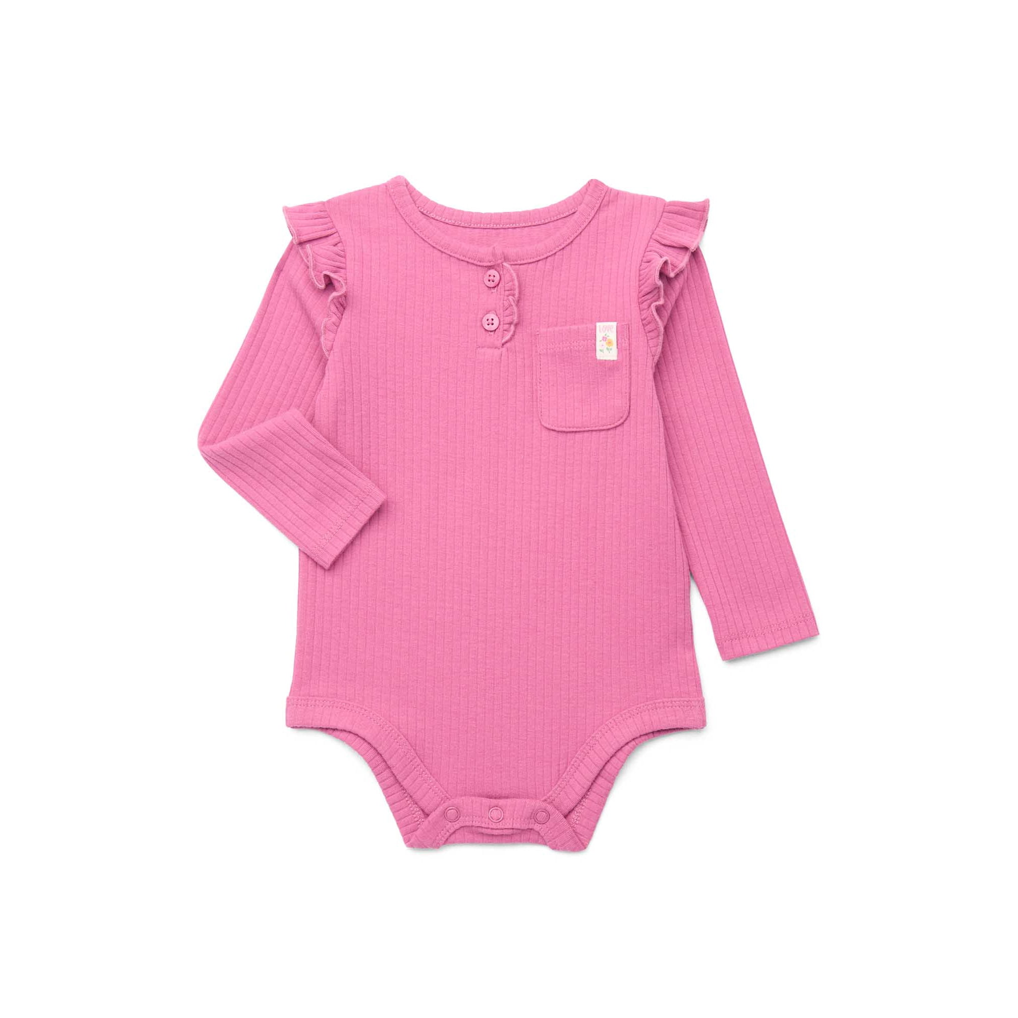 Garanimals Baby Girl Henley Bodysuit with Front Pocket and Long Sleeves, Sizes 0-24 Months