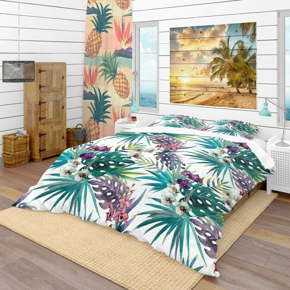 Designart 'Pattern Orchid Hibiscus Leaves Watercolor Tropics' Tropical Duvet Cover Set