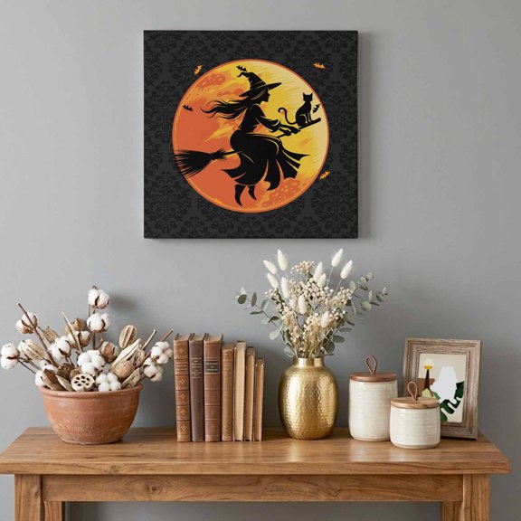 Canvas Wall Art Prints Witch Broom Halloween Night Moon Wood Frame Artwork Painting Pumpkin Bat Black Damask Flower Wall Decor for Living Room Bedroom Home Office,8x8in Ready to Hang