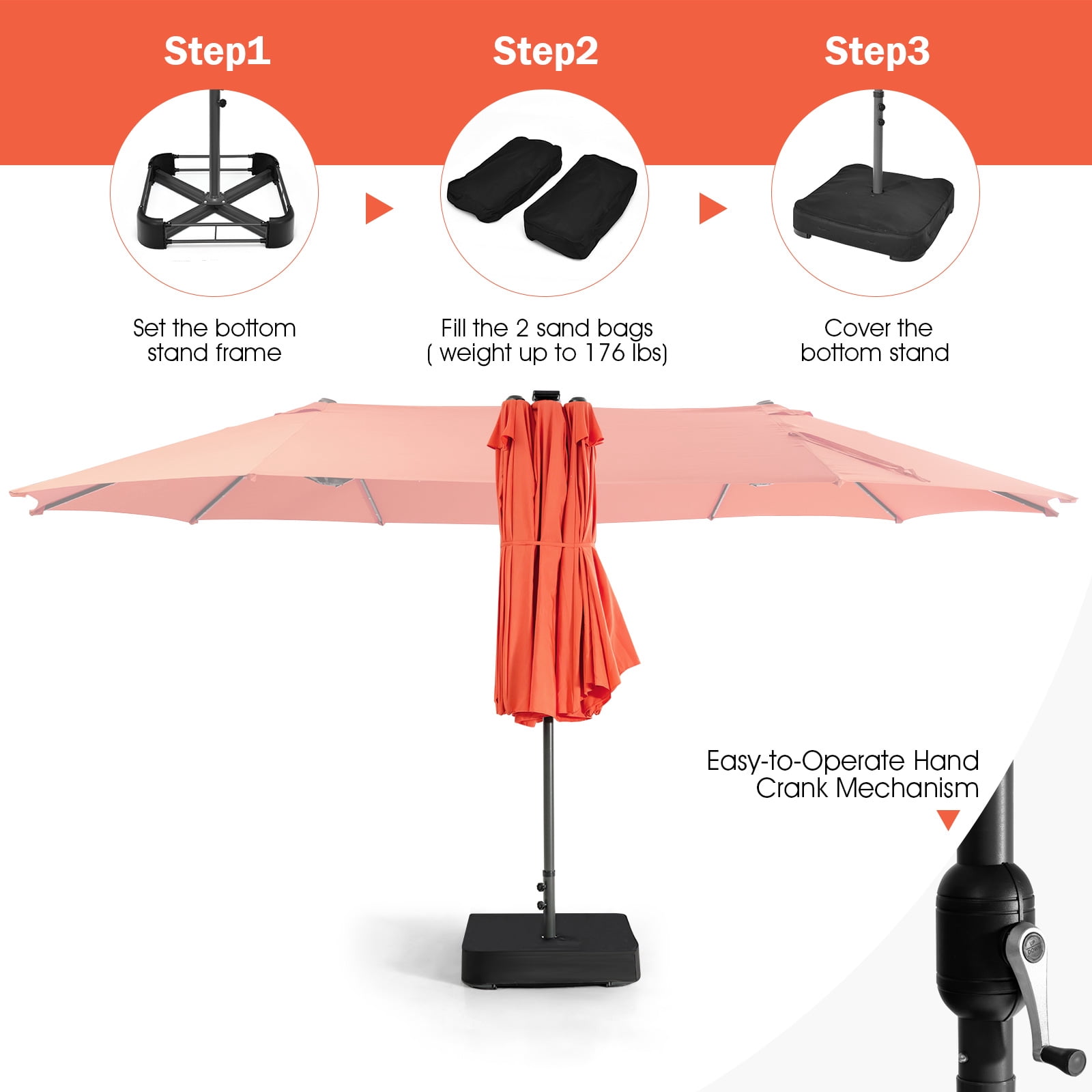 Topbuy 15' Outdoor LED Patio Double-Sided Umbrella w/Base Orange