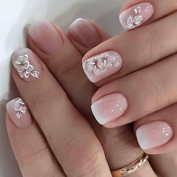 Square French Tips Fake Nails Glues On Nails On Nails Flower Artificial False Nails for Womens