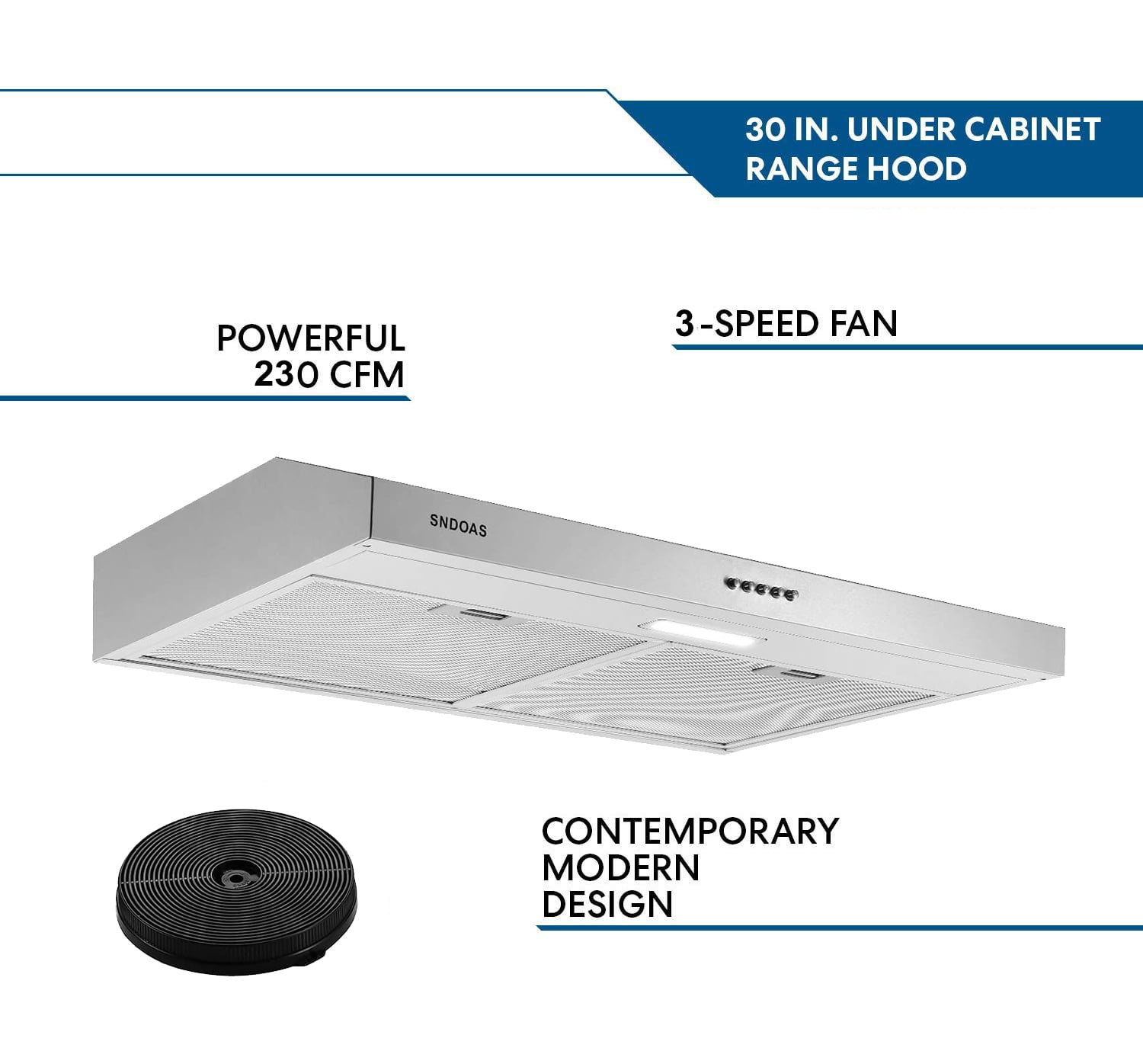 Range Hood 30-inch Under Cabinet Vent Hood 230 CFM Kitchen Hood Stainless Steel 3-Speed
