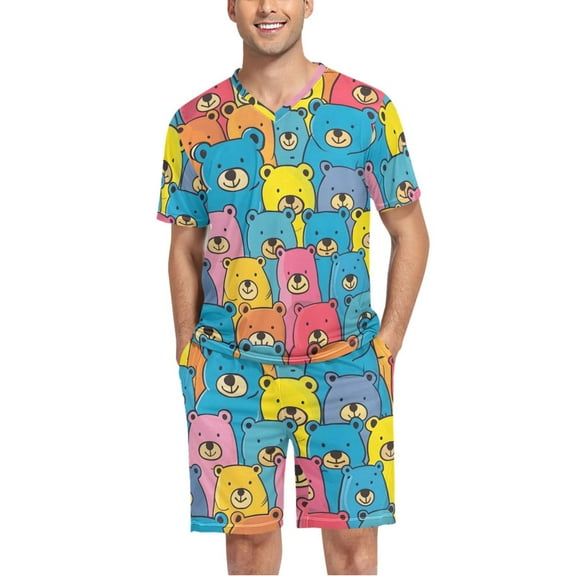 joogoo Men's Pajama Set Colorful Cute Bears V-Neck Pj Shorts Set 2 Piece Loungewear Sleepwear L