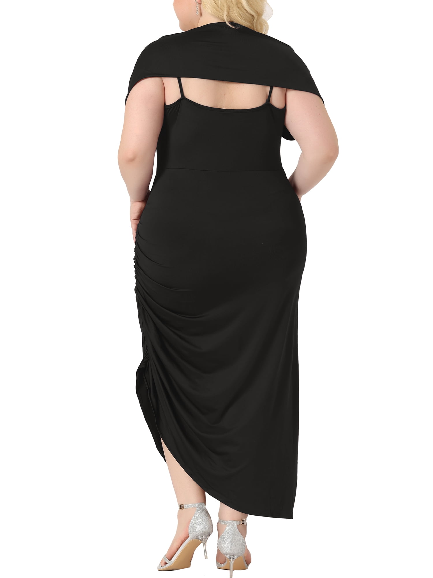 Unique Bargains Women Plus Size Bodycon Spaghetti Strap Ruched Cami Dresses with Shawl 4X Black
