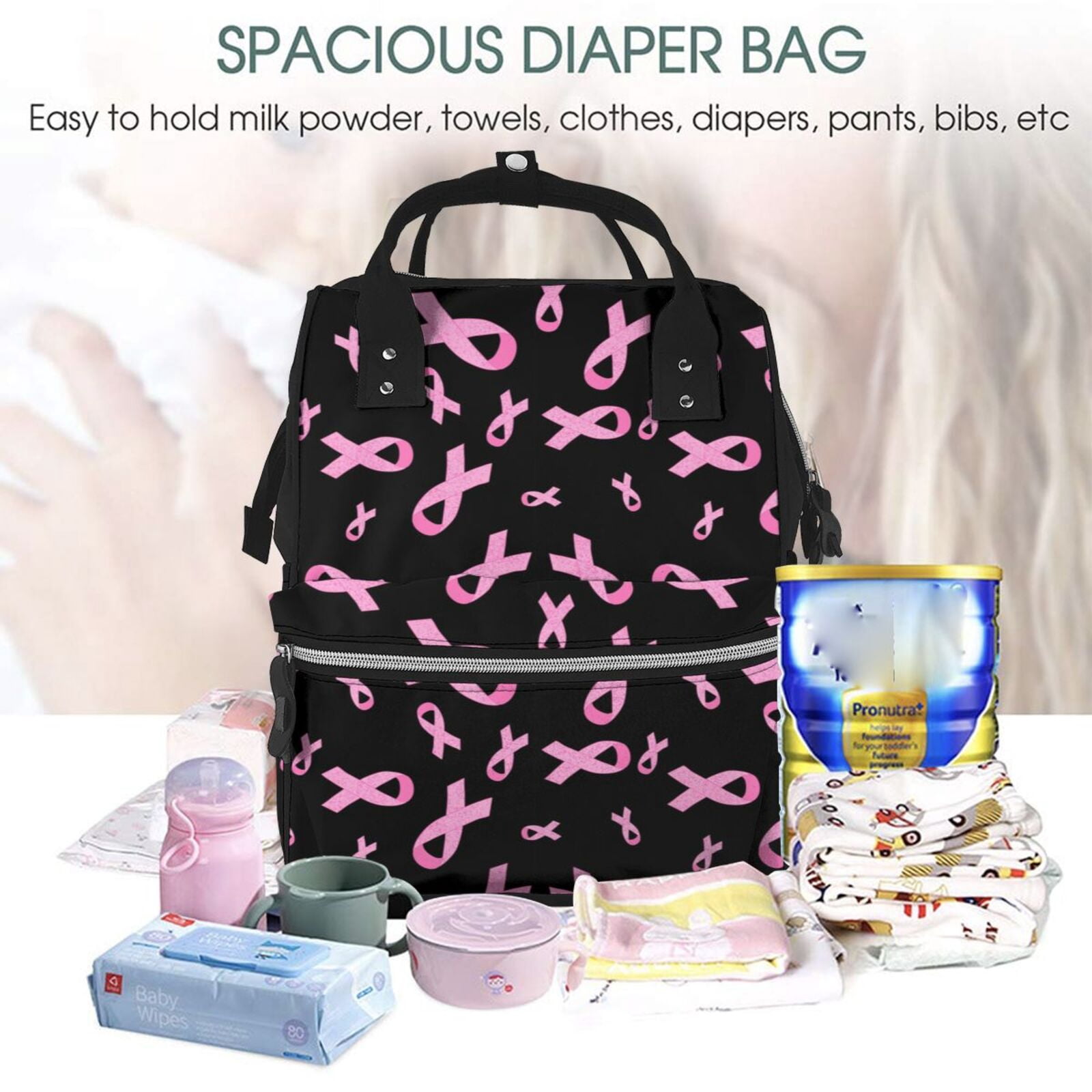 Ratiio Breast Cancer Awareness Mummy Backpack - Waterproof Twill Canvas, Large Capacity Diaper Bag with Multiple Pockets and Adjustable Straps