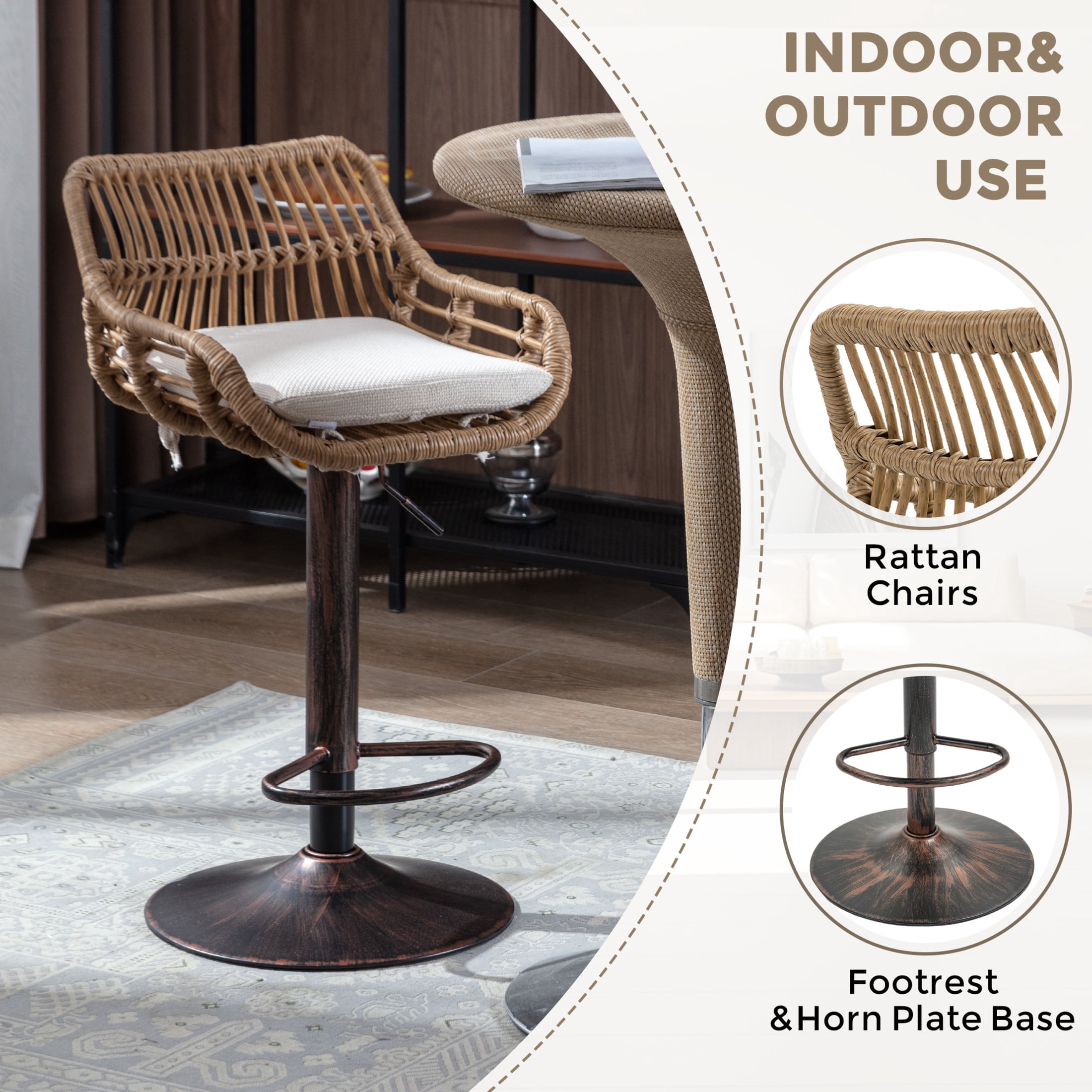 Noble House Swivel Bar Stools Set of 2, Adjustable Linen Counter Height Chairs with Footrest, Beige