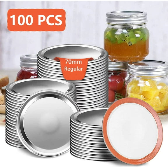 Regular Canning lids 100 Pcs for Mason Jars Split-Type,WOORNIGOJIN Small Mason Jar Lids LeakProof & Secure Canning Jar Caps with Red Silicone Seals(100pcs/only lids))