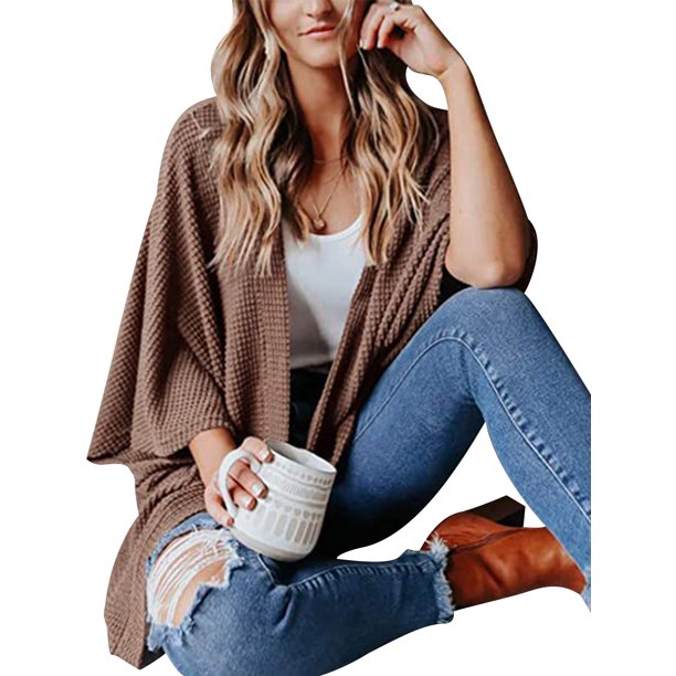 Sonducket Suéter abierto frontal para mujer, cárdigan de punto suelto de poliéster, manga 3/4, ropa informal de primavera y otoño, blanco, L Prendas para la parte del cuerpo Café L Sonducket AP003557-33