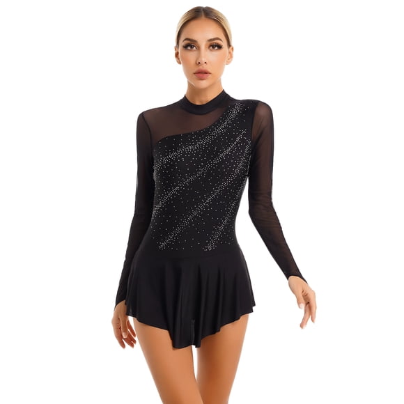 Yanarno Figure Ice Skating Dress for Womens Long Sleeve Shiny Rhinestone Gymnastic Ballet Dance Costume Black L