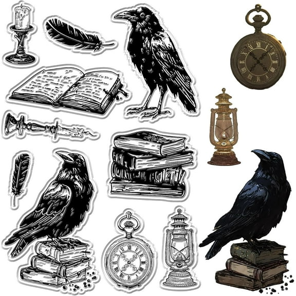 1sheet Crow Rubber Stamps Vintage Books Clear Stamp Reusable Feather Transparent Silicone Decorative Seals for DIY Crafting Scrapbooking Greeting Card Making Photo Album Decoration