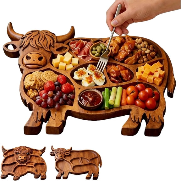 Highland Cute Cow Wooden Charcuterie Board, Wooden Cow Food Platter, Appetizer Board, for Snack Fruit Meat Cheese Home Party Banquet Family Gathering Dining Table Holiday Kitchen (Style A)