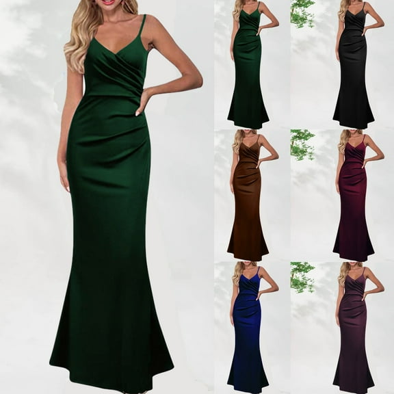 USSUMA Dresses for Women 2025 Casual Spring Women'S Casual Dresses Sleeveless V Neck Casual Solid Color Camisole Maxi Dress Casual Skirts Breathable Dresses School Up to 45% off Black Dress Size-L