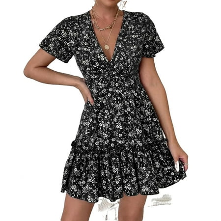 

Women s Ditsy Floral V Neck Short Sleeve Boho Short Dress M(6)