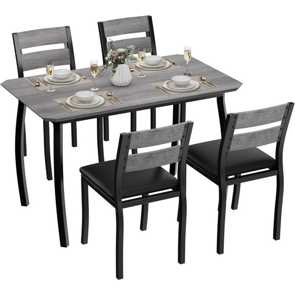 Dining Table Set for 4, 5 Piece Metal Frame Kitchen Table and Chair Set, Chamfer Design Space-Saving Dining Room Furniture for Small Spaces, Apartment, Studio, Breakfast, Black and Grey