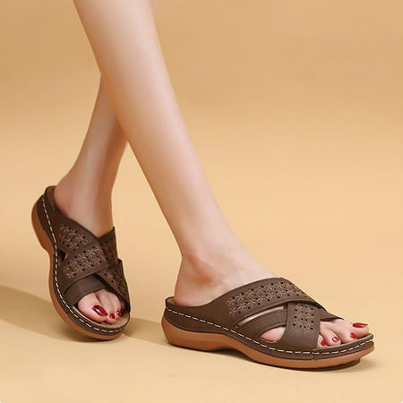 

VEKDONE Leather Slipper Summer Womens Slide Sandals Open Toe Leather Flat Sandals Flowers Wedges Casual Walking Shoes Size 9.5