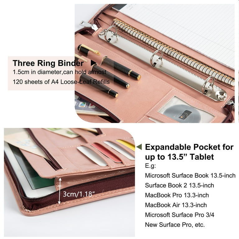AZXCG Leather Binder Portfolio, Detachable 3 Ring Binder Padfolio,  Professional Zippered Resume Portfolio Folder with Zipper, Document  Organizer