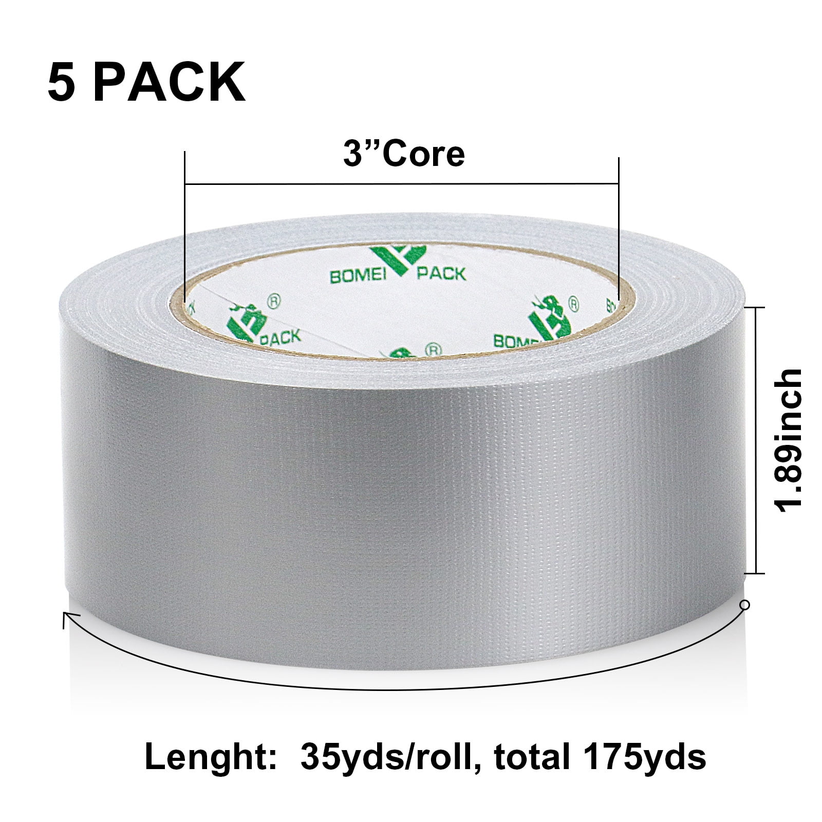 BOMEI PACK Silver Duct Tape,1.89 in. x 35y,5 Pack,Tear by Hand