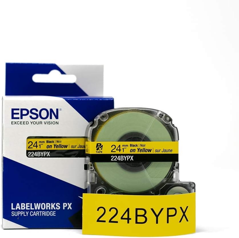 Epson LABELWORKS 224BYPX - Black on Yellow PET Label Maker Tape - 1" (24MM) Wide, 30'