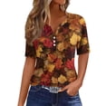 thumbnail image 5 of Minjewel Womens T Shirts Casual V Neck Short Sleeve - Fall Leaves Print Button Detail, T Shirts for Women Seasonal Graphic Tee, Summer Tops for Women for Autumn,Brown L, 5 of 6