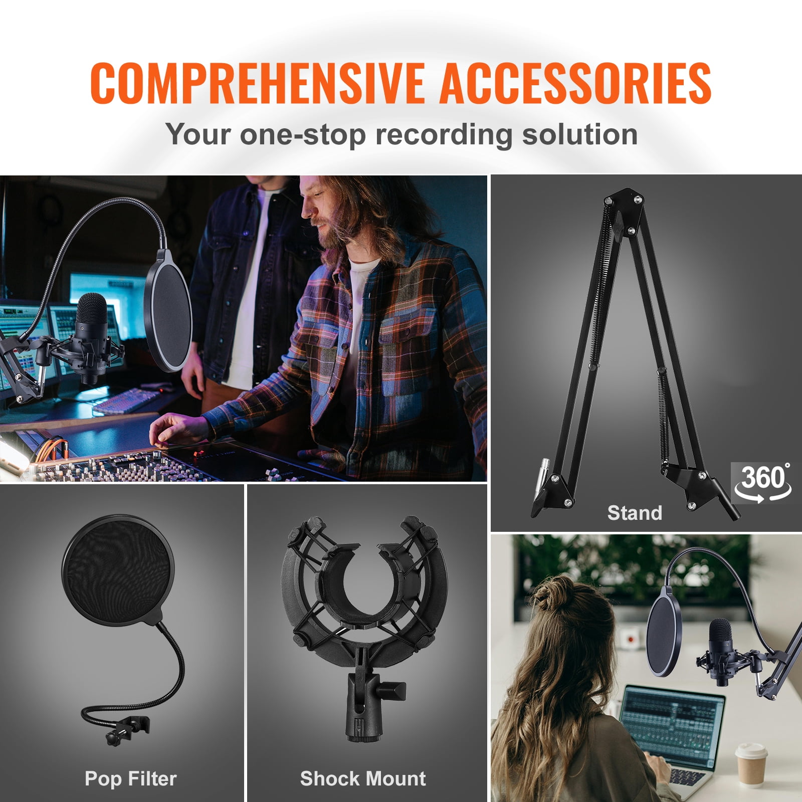 SKYSHALO USB Streaming Podcast Microphone Kit with Boom Arm Stand, Professional 192KHZ/24bit Studio Cardioid Condenser Computer PC Mic Kit