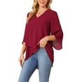 thumbnail image 4 of INSPIRAR CHIC Blusas de Mujer de Manga 3/4 con Volantes, Casual Elegante, Cuello en V, Camisa de Dobladillo Asimétrico, Blusa de Chifón, Color Rojo Vino, 4 of 6