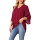 thumbnail image 4 of INSPIRE CHIC Blusa de Chiffon para Mujeres con Mangas de Campana 3/4, Cuello en V, Dobladillo Asimétrico, Casual y Elegante, Color Rojo Vino, 4 of 6