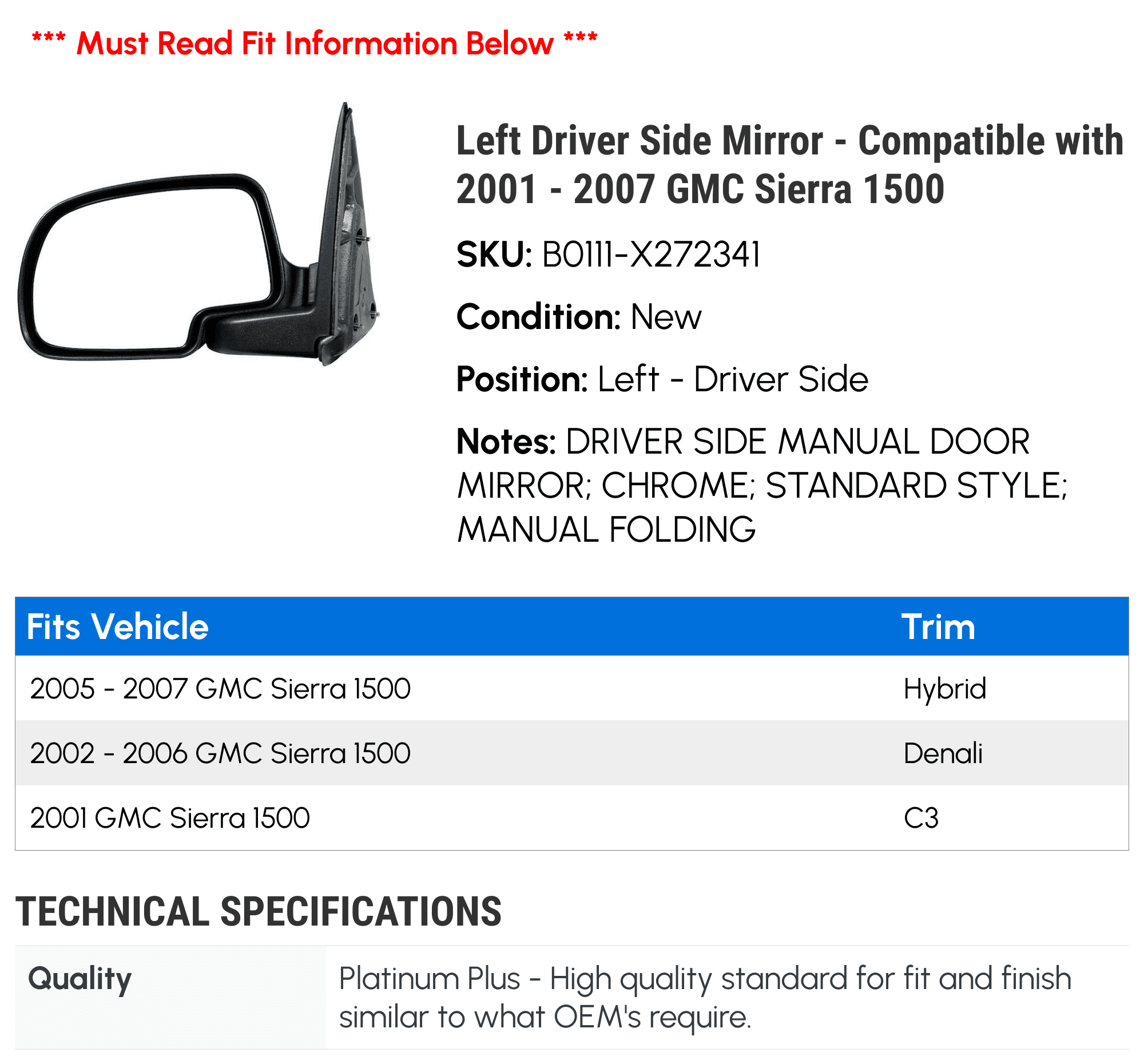 Left Driver Side Mirror - Compatible with 2001 - 2007 GMC Sierra 1500 2002 2003 2004 2005 2006