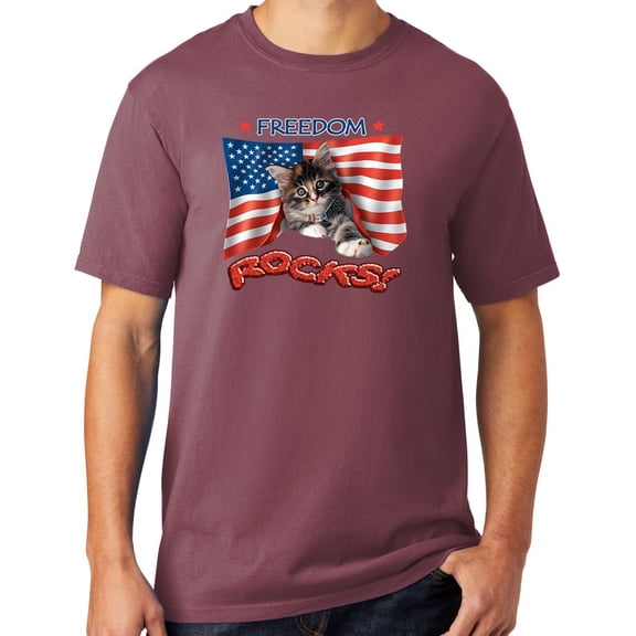 Mens Freedom Rocks Patriotic Kitten Cotton Tee Shirt, Large Wineberry Purple