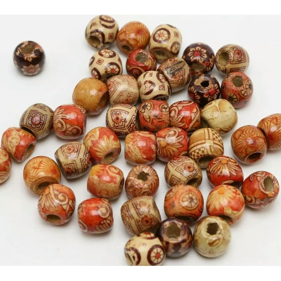 U8MO 200 Assorted Patterned Barrel Wood Beads 10mm Wooden Spacer Beads