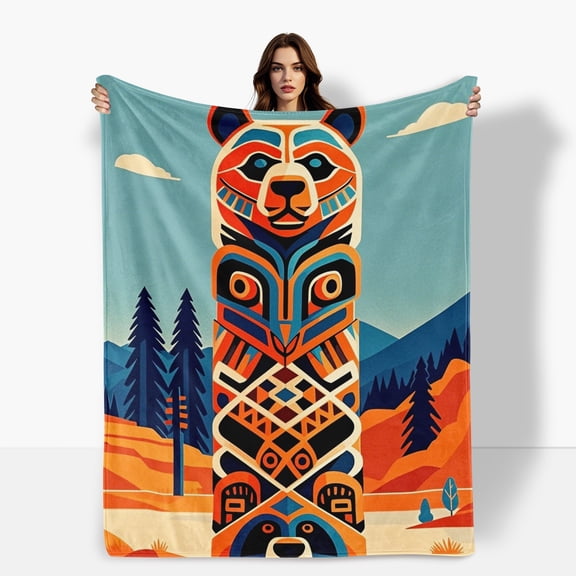 Bear Orange Tree Design Flannel Blanket Soft Warm Comfortable For Sofa Bed Travel Camping Living Room Office Chair Polyester Fiber Gift For Family Or Friends