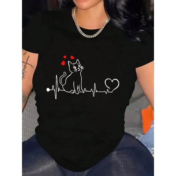 Cute Cat Heartbeat Line Valentine's Day Print Women Casual Short Sleeve Tee