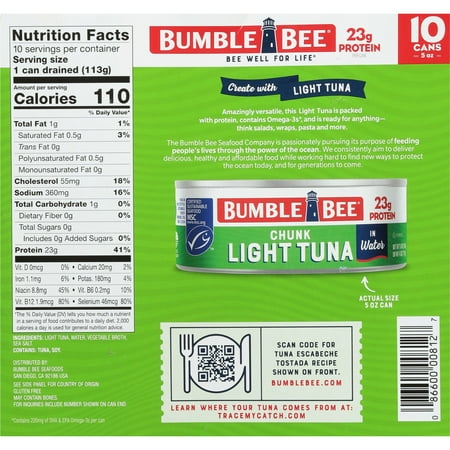 Bumble Bee Chunk Light Canned Tuna in Water, 5 oz, 10 Count